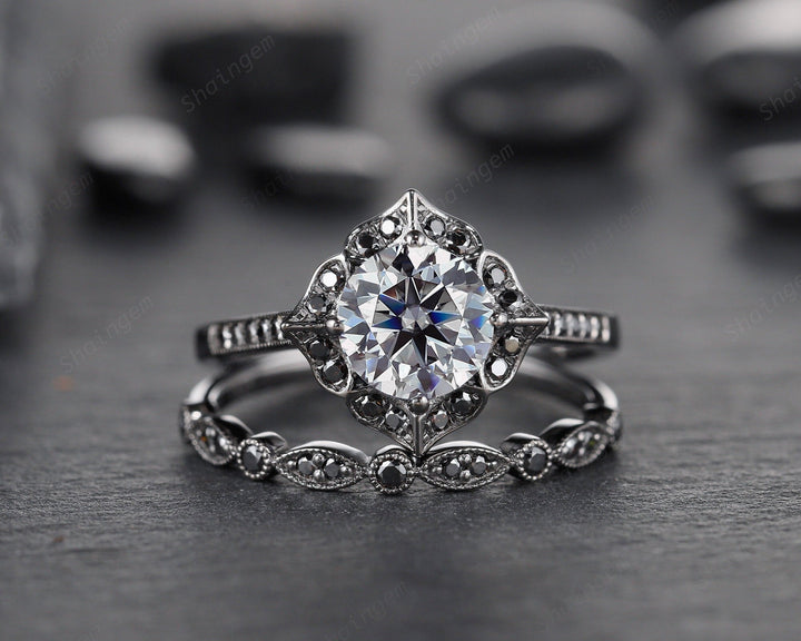 Black Gold Round Gray Moissanite Ring Rhodium Black Grey Moissanite Wedding Engagement Ring Set Gothic Bridal Set Anniversary Promise Ring - ShainJewelry