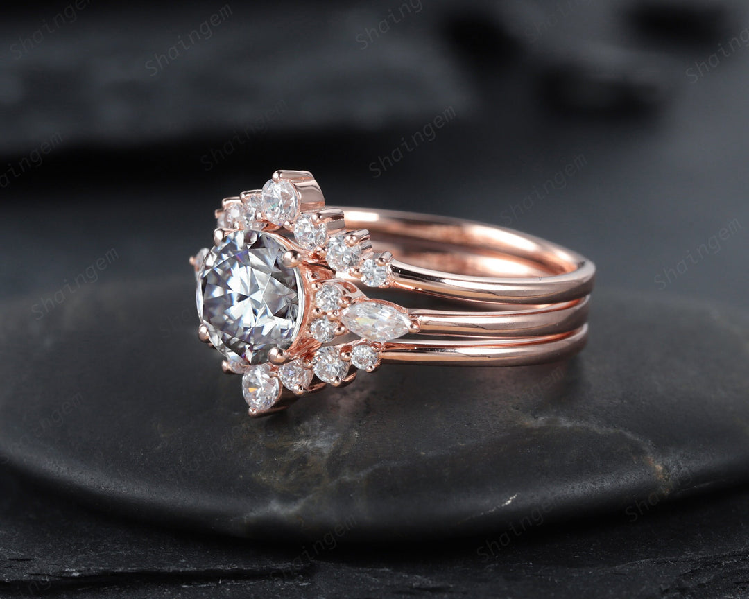 3PCS Unique Round Shape Gray Moissanite Engagement Ring Set, Vintage 14K Rose Gold Halo Grey Moissanite Wedding Ring Set, Promise Ring Gift - ShainJewelry