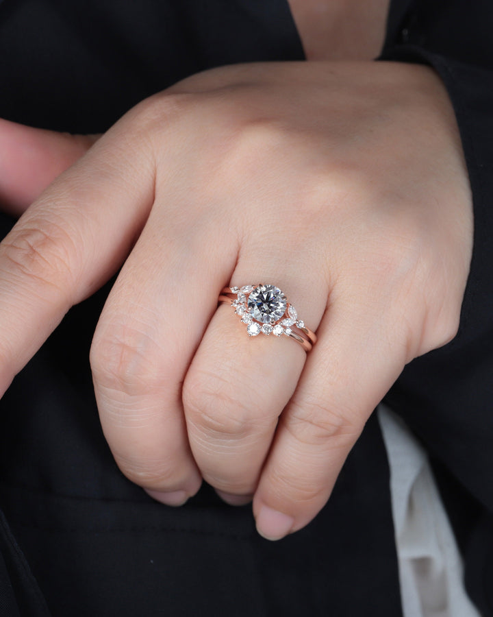 Vintage Round Gray Moissanite and Diamond Engagement Ring Set, Unique Grey Moissanite Wedding Ring Set, 14K Rose Gold Promise Ring for Women