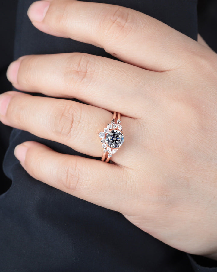 Vintage Round Gray Moissanite and Diamond Engagement Ring Set, Unique Grey Moissanite Wedding Ring Set, 14K Rose Gold Promise Ring for Women