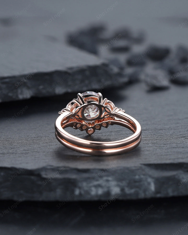 Vintage Round Gray Moissanite and Diamond Engagement Ring Set, Unique Grey Moissanite Wedding Ring Set, 14K Rose Gold Promise Ring for Women