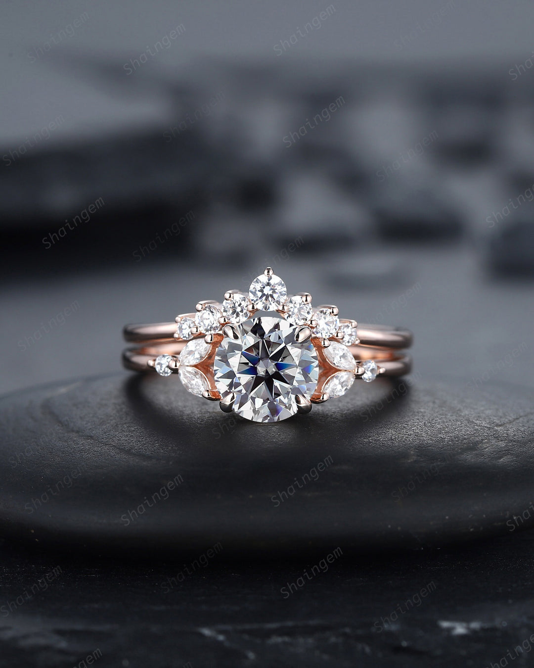 Vintage Round Gray Moissanite and Diamond Engagement Ring Set, Unique Grey Moissanite Wedding Ring Set, 14K Rose Gold Promise Ring for Women