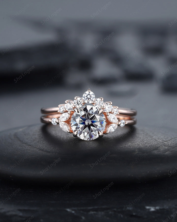 Vintage Round Gray Moissanite and Diamond Engagement Ring Set, Unique Grey Moissanite Wedding Ring Set, 14K Rose Gold Promise Ring for Women