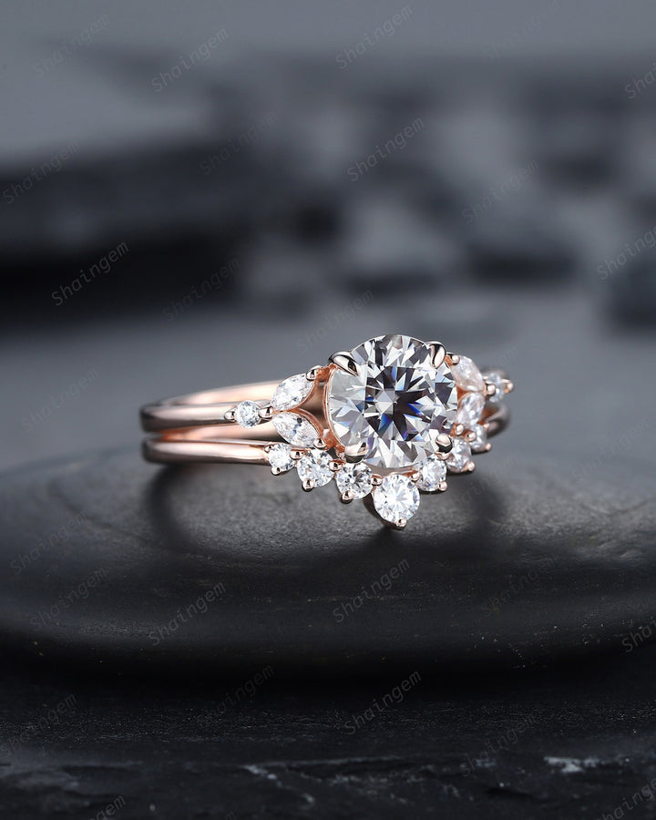 Vintage Round Gray Moissanite and Diamond Engagement Ring Set, Unique Grey Moissanite Wedding Ring Set, 14K Rose Gold Promise Ring for Women