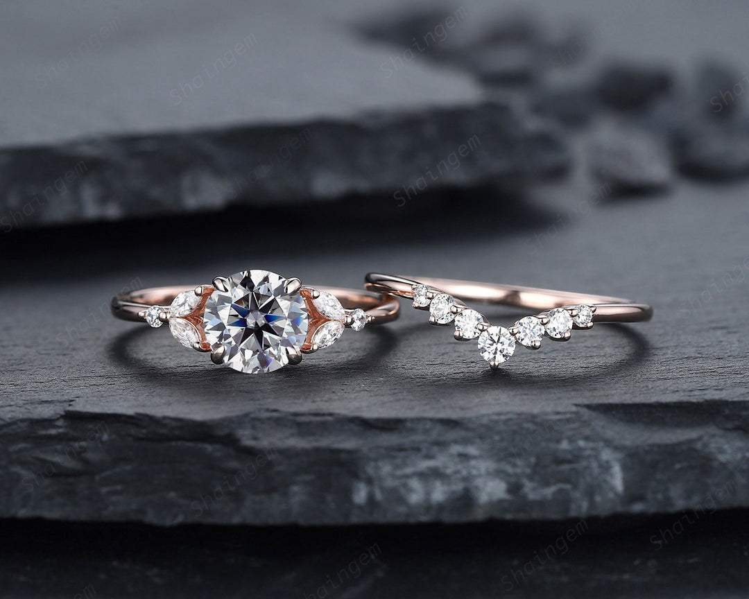 Vintage Round Gray Moissanite and Diamond Engagement Ring Set, Unique Grey Moissanite Wedding Ring Set, 14K Rose Gold Promise Ring for Women