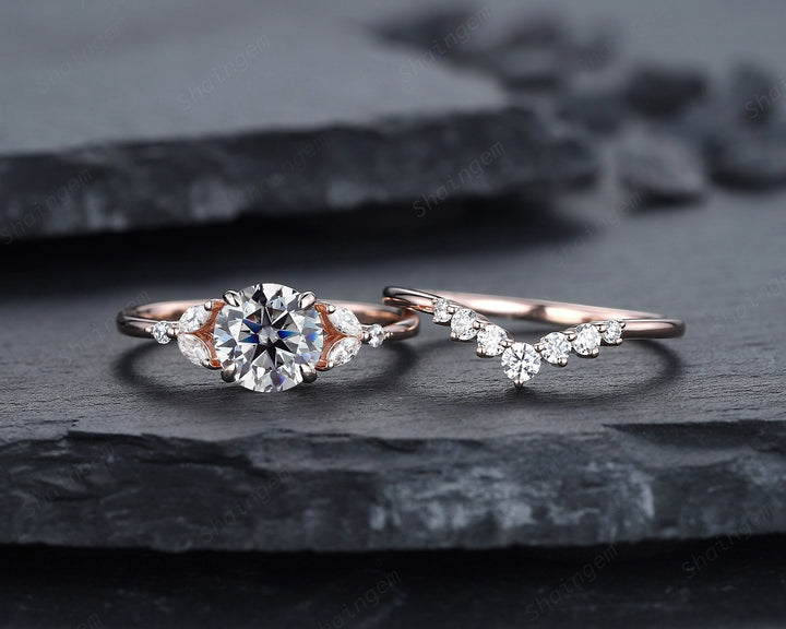 Vintage Round Gray Moissanite and Diamond Engagement Ring Set, Unique Grey Moissanite Wedding Ring Set, 14K Rose Gold Promise Ring for Women
