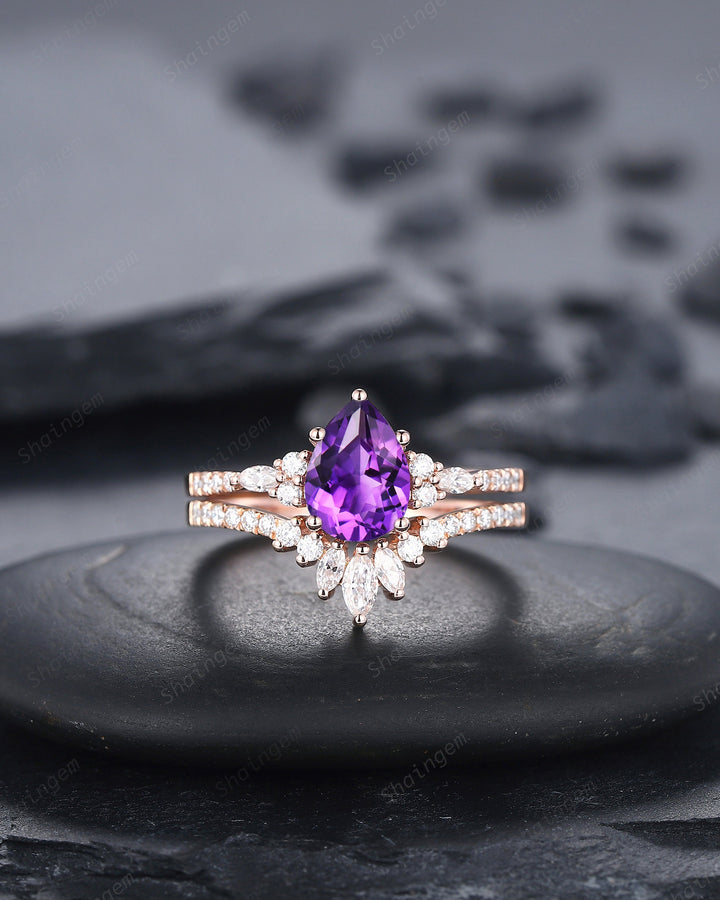 Vintage Amethyst Cluster Engagement Ring Set, Unique Rose Gold Amethyst Wedding Set, Amethyst Bridal Set Anniversary Promise Ring Set Gift - ShainJewelry