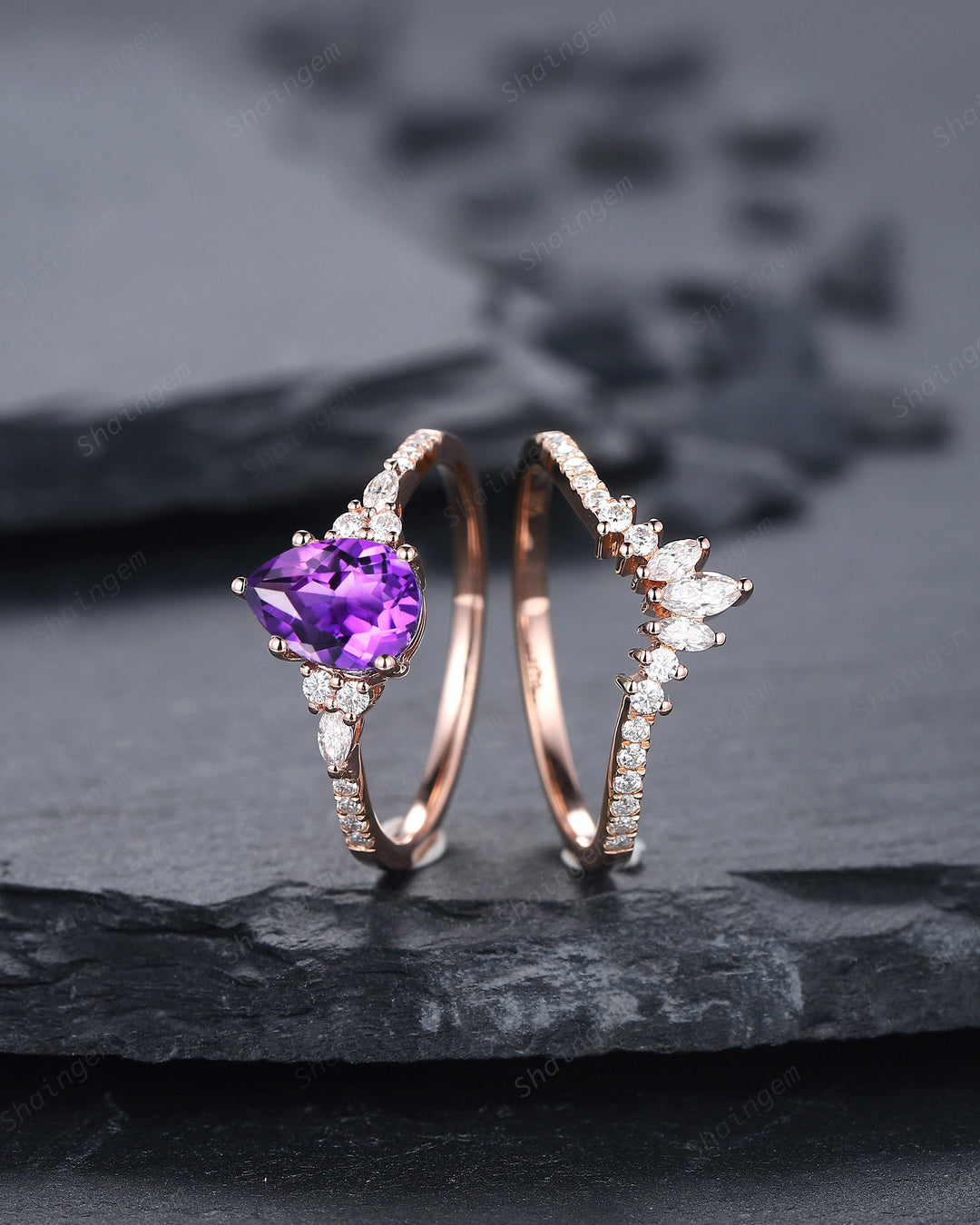 Vintage Amethyst Cluster Engagement Ring Set, Unique Rose Gold Amethyst Wedding Set, Amethyst Bridal Set Anniversary Promise Ring Set Gift - ShainJewelry