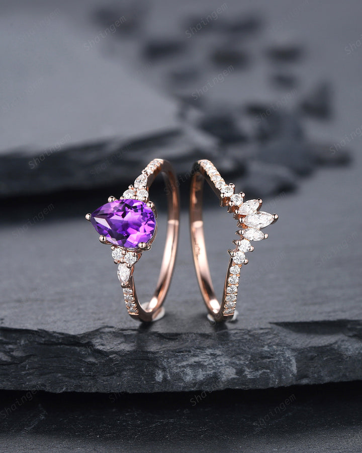 Vintage Amethyst Cluster Engagement Ring Set, Unique Rose Gold Amethyst Wedding Set, Amethyst Bridal Set Anniversary Promise Ring Set Gift - ShainJewelry