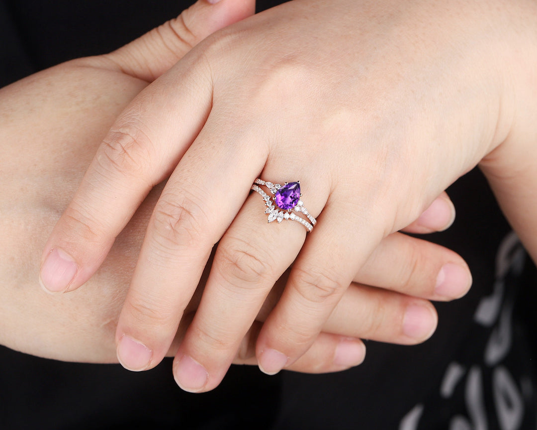 Vintage Amethyst Cluster Engagement Ring Set, Unique Rose Gold Amethyst Wedding Set, Amethyst Bridal Set Anniversary Promise Ring Set Gift - ShainJewelry