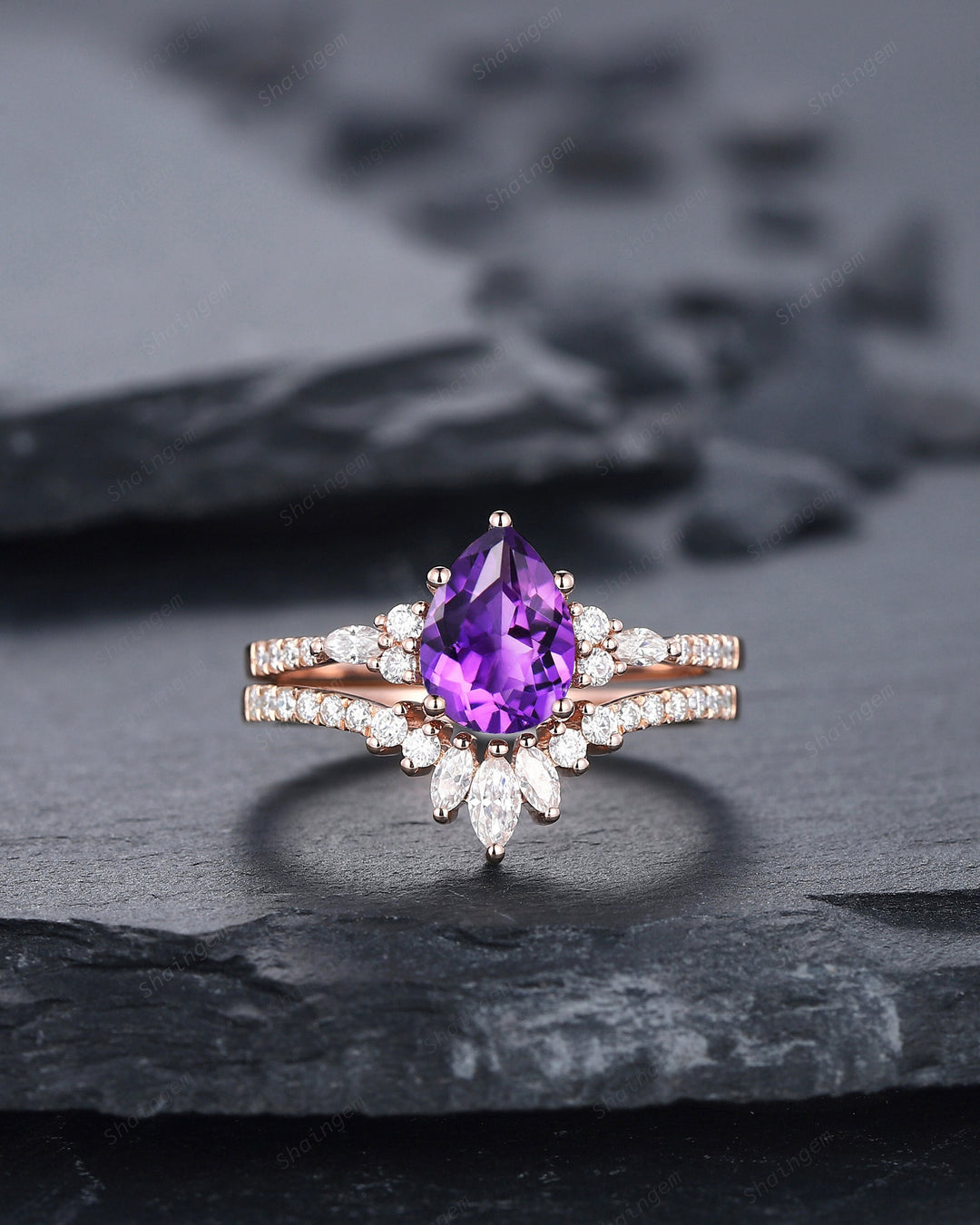 Vintage Amethyst Cluster Engagement Ring Set, Unique Rose Gold Amethyst Wedding Set, Amethyst Bridal Set Anniversary Promise Ring Set Gift - ShainJewelry