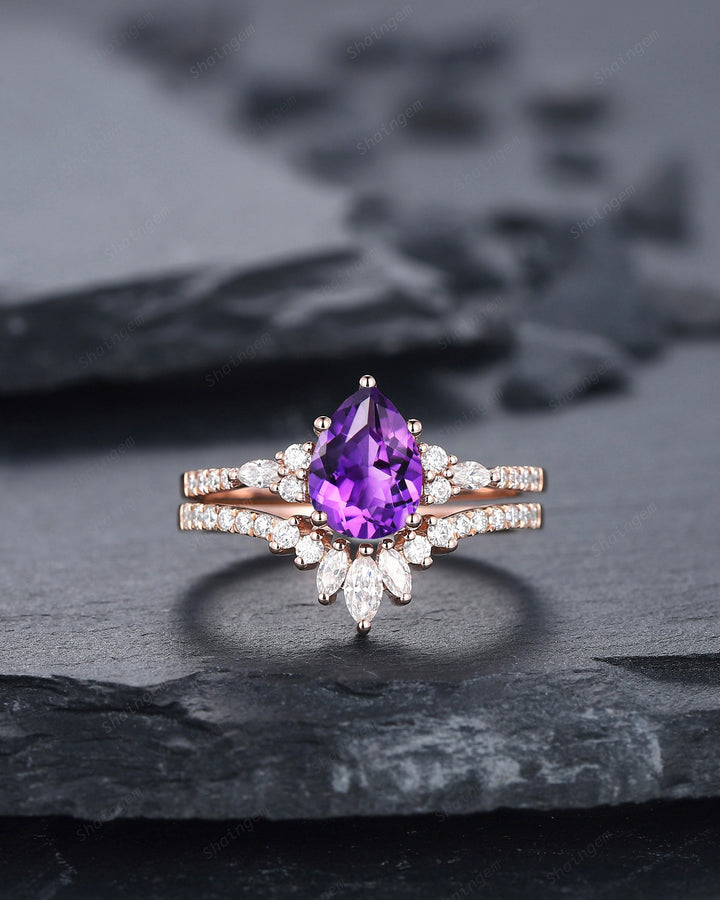 Vintage Amethyst Cluster Engagement Ring Set, Unique Rose Gold Amethyst Wedding Set, Amethyst Bridal Set Anniversary Promise Ring Set Gift - ShainJewelry