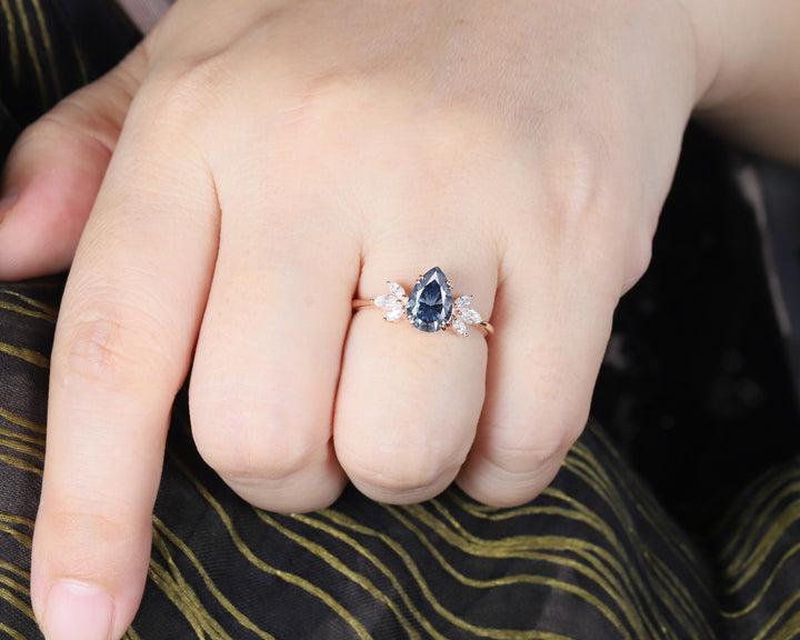Vintage Pear Cut Cluster Blue Moissanite Engagement Ring, Unique 14K Rose Gold Moissanite Wedding Ring, Blue Moissanite Promise Ring - ShainJewelry
