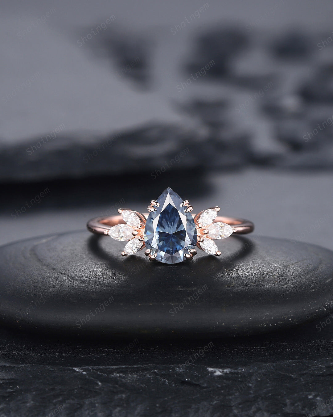 Vintage Pear Cut Cluster Blue Moissanite Engagement Ring, Unique 14K Rose Gold Moissanite Wedding Ring, Blue Moissanite Promise Ring - ShainJewelry