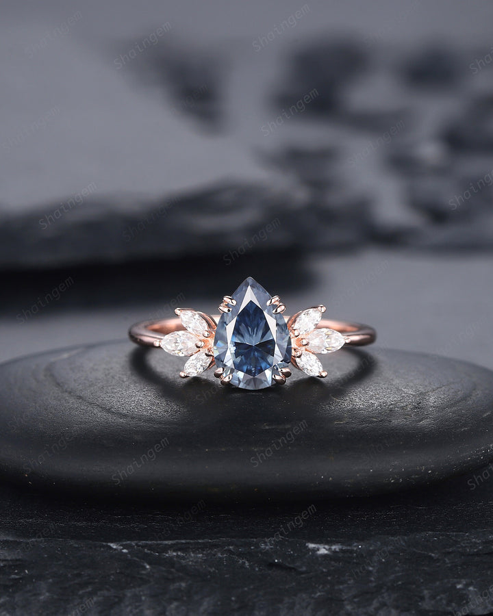 Vintage Pear Cut Cluster Blue Moissanite Engagement Ring, Unique 14K Rose Gold Moissanite Wedding Ring, Blue Moissanite Promise Ring - ShainJewelry