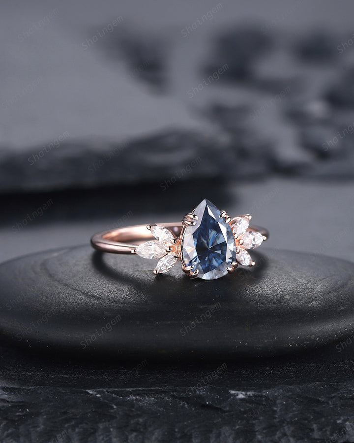 Vintage Pear Cut Cluster Blue Moissanite Engagement Ring, Unique 14K Rose Gold Moissanite Wedding Ring, Blue Moissanite Promise Ring - ShainJewelry