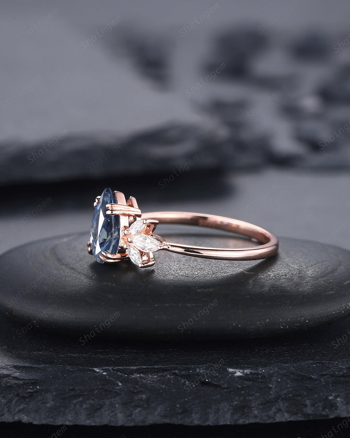 Vintage Pear Cut Cluster Blue Moissanite Engagement Ring, Unique 14K Rose Gold Moissanite Wedding Ring, Blue Moissanite Promise Ring - ShainJewelry