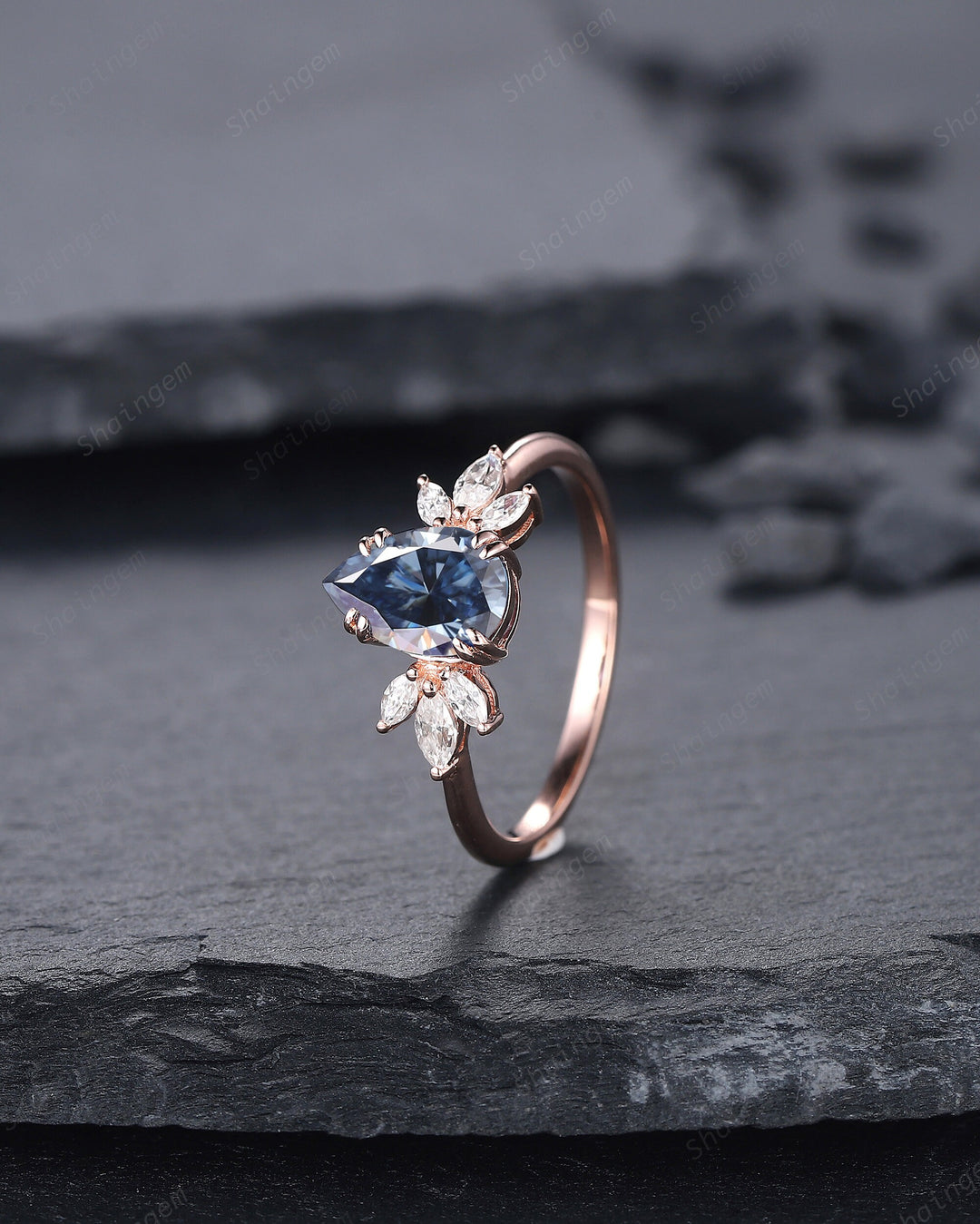 Vintage Pear Cut Cluster Blue Moissanite Engagement Ring, Unique 14K Rose Gold Moissanite Wedding Ring, Blue Moissanite Promise Ring - ShainJewelry