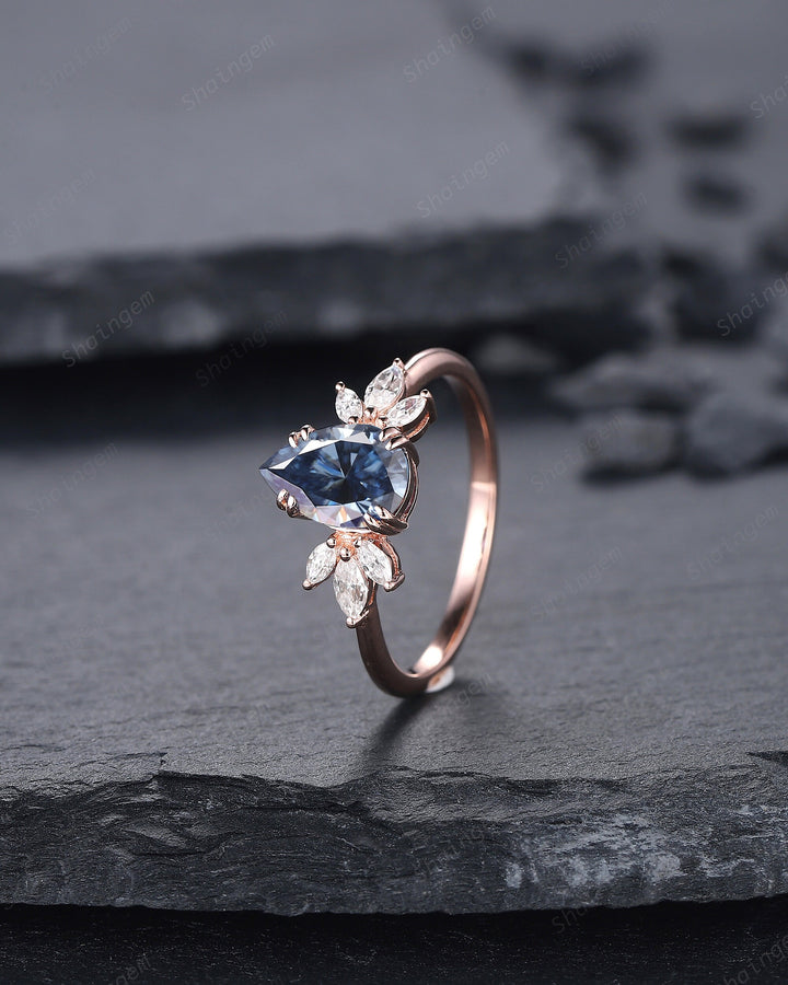 Vintage Pear Cut Cluster Blue Moissanite Engagement Ring, Unique 14K Rose Gold Moissanite Wedding Ring, Blue Moissanite Promise Ring - ShainJewelry