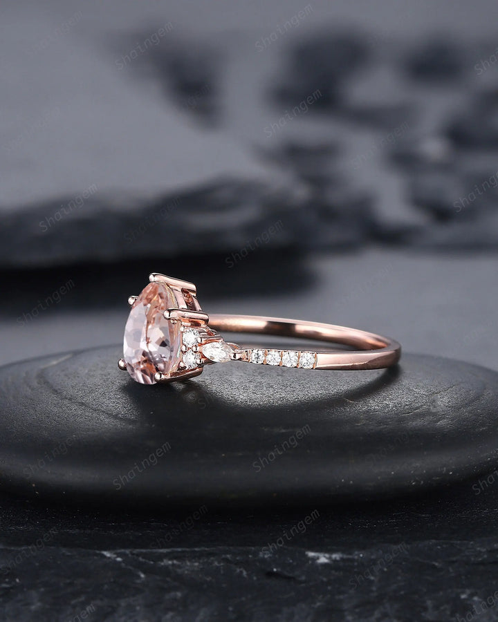 Vintage Pear Pink Morganite Engagement Ring, Unique 14K Rose Gold Teardrop Morganite Wedding Ring, Art Deco Morganite Promise Ring Gift - ShainJewelry