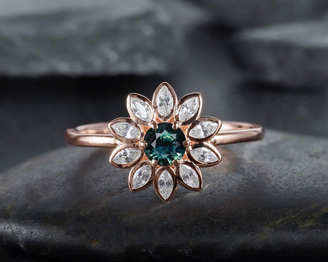 Vintage Sunflower Natural Teal Sapphire Engagement Ring, 18K Rose Gold Bezel Setting Wedding Ring, Marquise Moissanite Accent Promise Ring - ShainJewelry