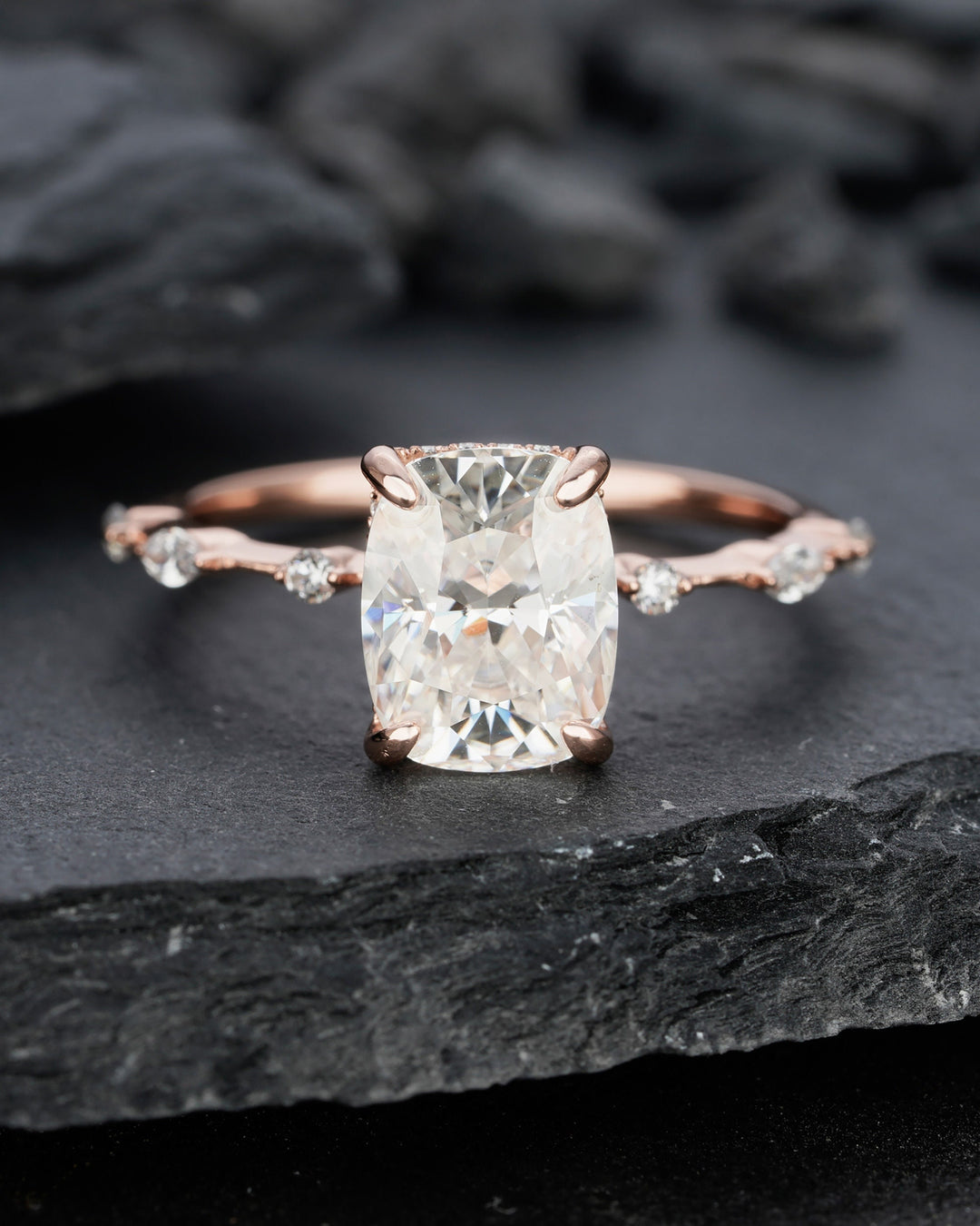 Vintage 3 Carat Moissanite Engagement Ring, 14k Rose Gold Moissanite Hidden Halo Wedding Ring, Unique Cushion Cut Moissanite Promise Ring - ShainJewelry