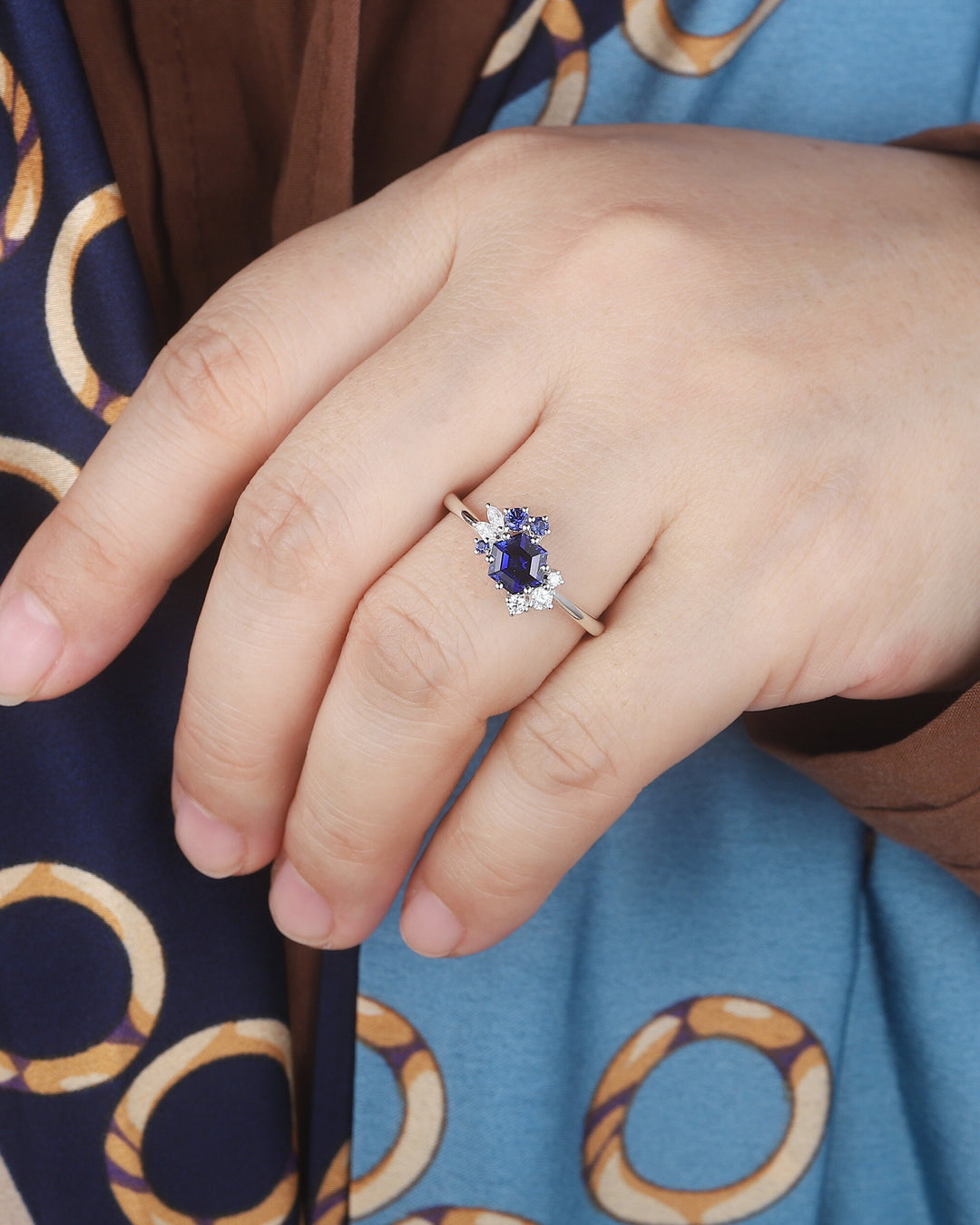 Vintage Hexagon Blue Sapphire Engagement Ring, Unique Cluster Sapphire Promise Ring, 14K White Gold Silver Wedding Ring September Birthstone - ShainJewelry