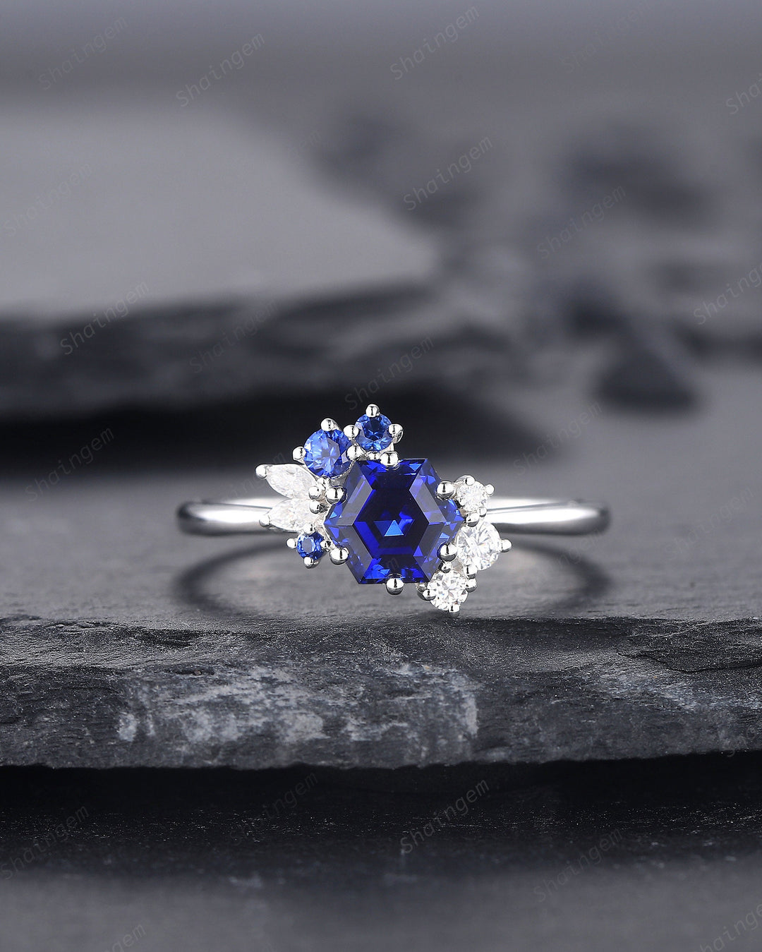Vintage Hexagon Blue Sapphire Engagement Ring, Unique Cluster Sapphire Promise Ring, 14K White Gold Silver Wedding Ring September Birthstone - ShainJewelry
