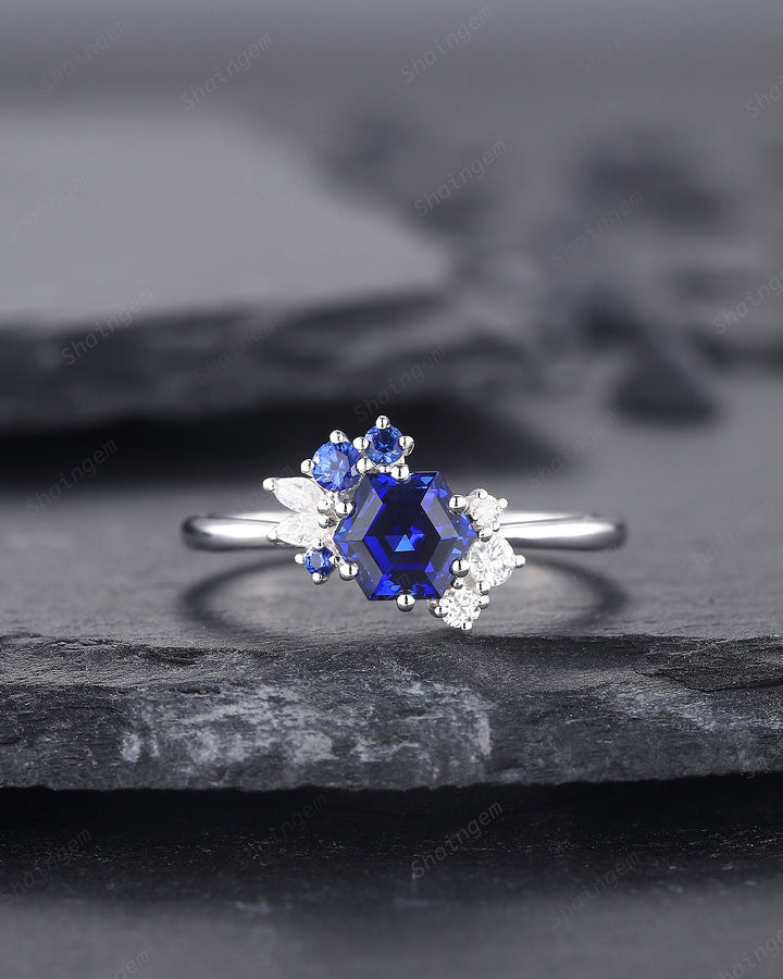 Vintage Hexagon Blue Sapphire Engagement Ring, Unique Cluster Sapphire Promise Ring, 14K White Gold Silver Wedding Ring September Birthstone - ShainJewelry