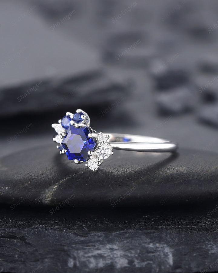 Vintage Hexagon Blue Sapphire Engagement Ring, Unique Cluster Sapphire Promise Ring, 14K White Gold Silver Wedding Ring September Birthstone - ShainJewelry