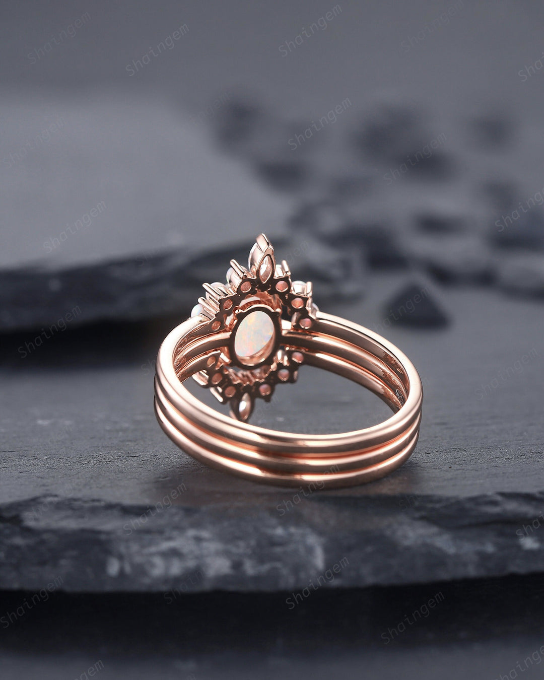 3PCS Natural Australian White Fire Opal Promise Ring Set, Oval Opal 14K Rose Gold Halo Engagement Wedding Ring, Bridal Set Anniversary Ring - ShainJewelry
