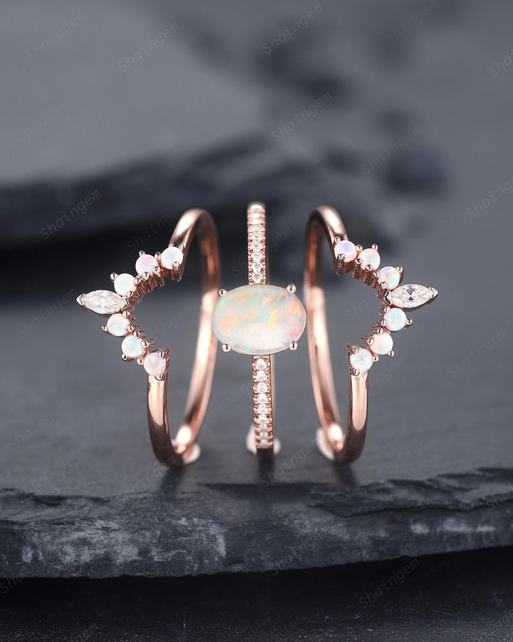 3PCS Natural Australian White Fire Opal Promise Ring Set, Oval Opal 14K Rose Gold Halo Engagement Wedding Ring, Bridal Set Anniversary Ring - ShainJewelry