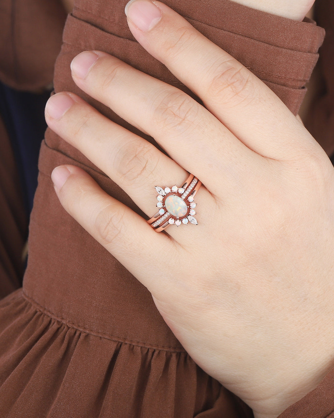 3PCS Natural Australian White Fire Opal Promise Ring Set, Oval Opal 14K Rose Gold Halo Engagement Wedding Ring, Bridal Set Anniversary Ring - ShainJewelry