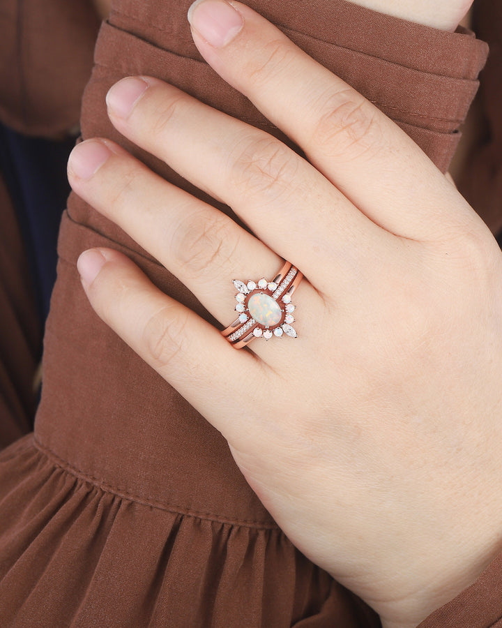 3PCS Natural Australian White Fire Opal Promise Ring Set, Oval Opal 14K Rose Gold Halo Engagement Wedding Ring, Bridal Set Anniversary Ring - ShainJewelry