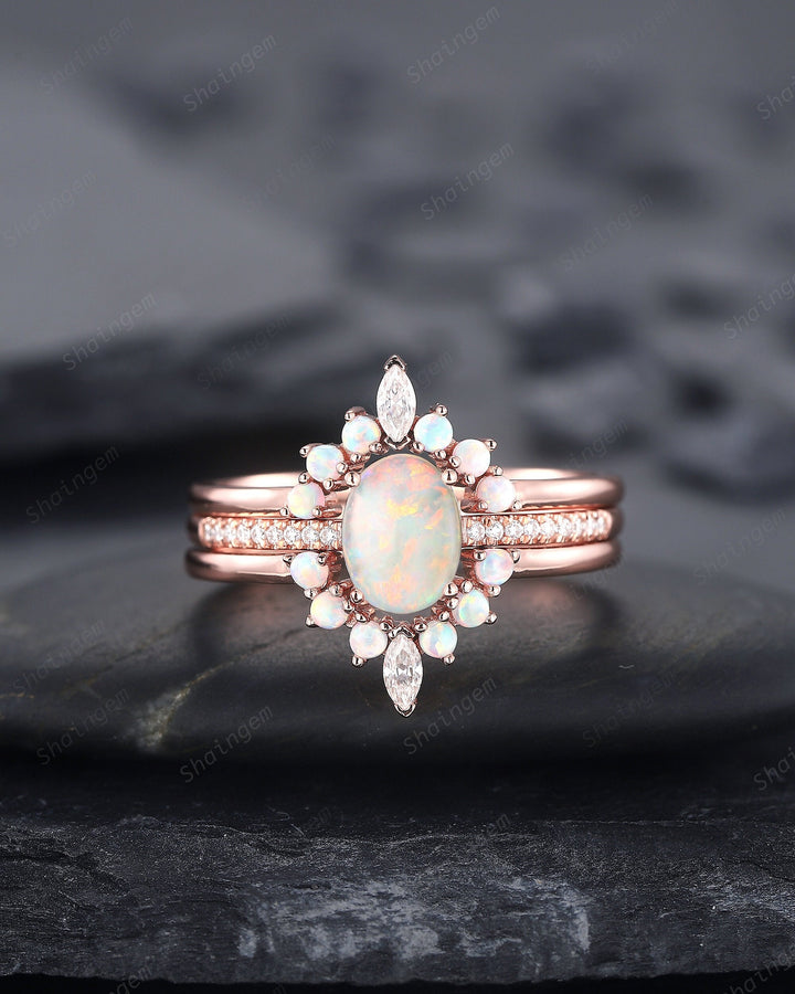 3PCS Natural Australian White Fire Opal Promise Ring Set, Oval Opal 14K Rose Gold Halo Engagement Wedding Ring, Bridal Set Anniversary Ring - ShainJewelry