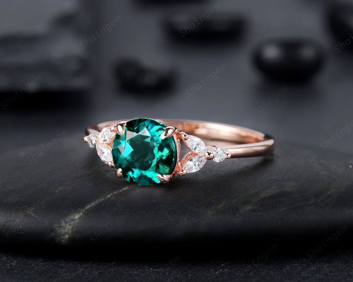 Unique Round Cut Emerald Engagement Ring, Vintage 14K Rose Gold or Silver Promise Ring, May Birthstone Wedding Anniversary Ring Gift for her - ShainJewelry