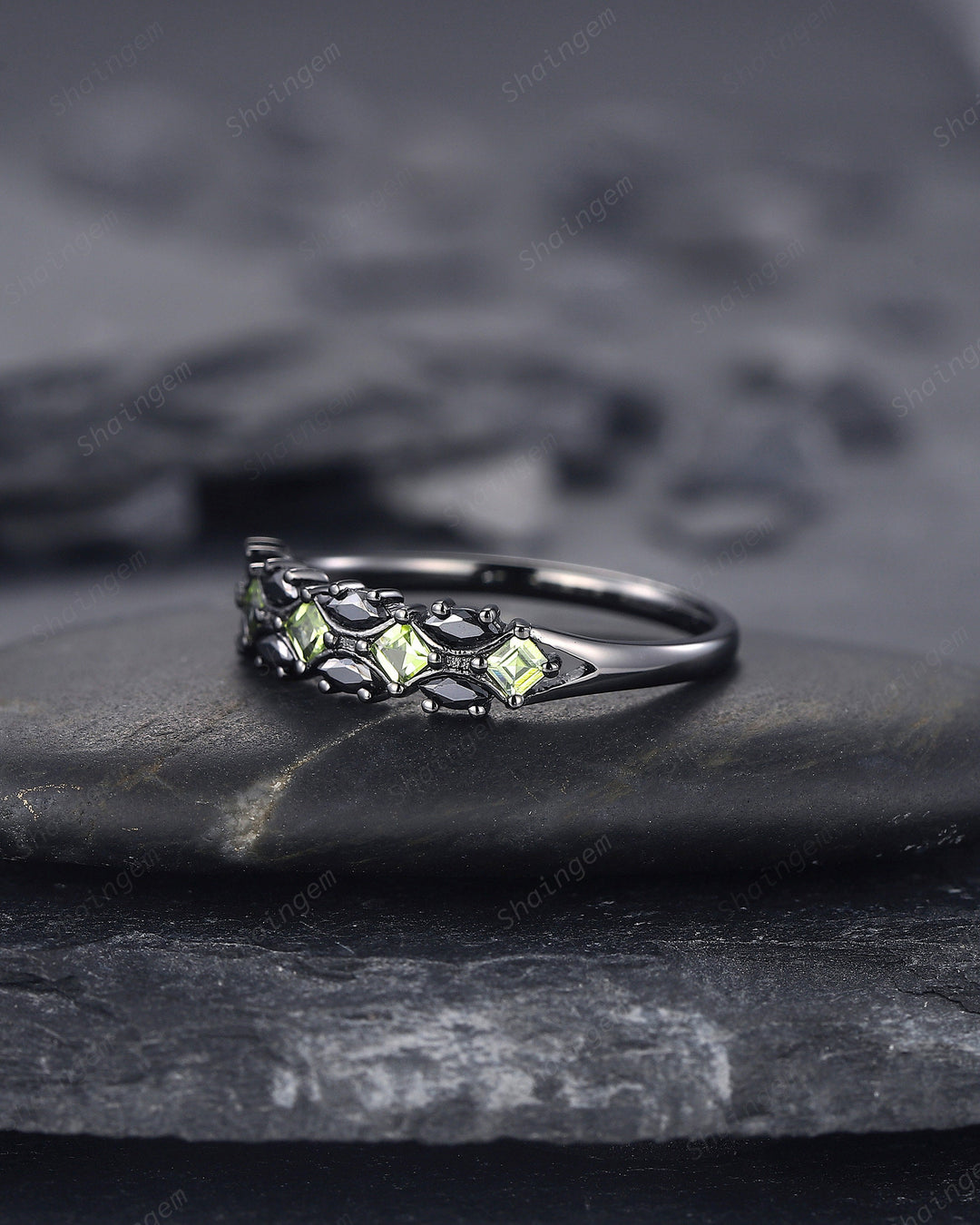 Vintage Square Peridot and Marquise Black Moissanite Wedding Band, Black Gold Engagement Ring, Gothic Anniversary Promise Ring Matching Band - ShainJewelry