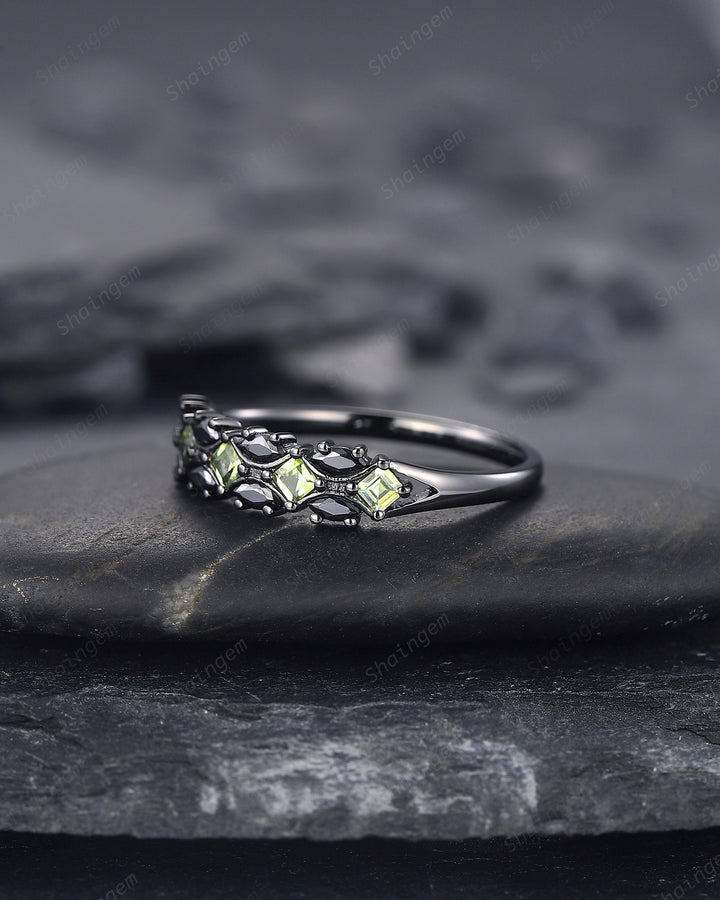 Vintage Square Peridot and Marquise Black Moissanite Wedding Band, Black Gold Engagement Ring, Gothic Anniversary Promise Ring Matching Band - ShainJewelry