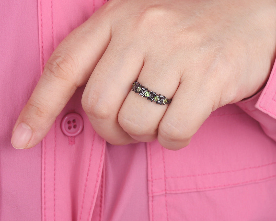 Vintage Square Peridot and Marquise Black Moissanite Wedding Band, Black Gold Engagement Ring, Gothic Anniversary Promise Ring Matching Band - ShainJewelry