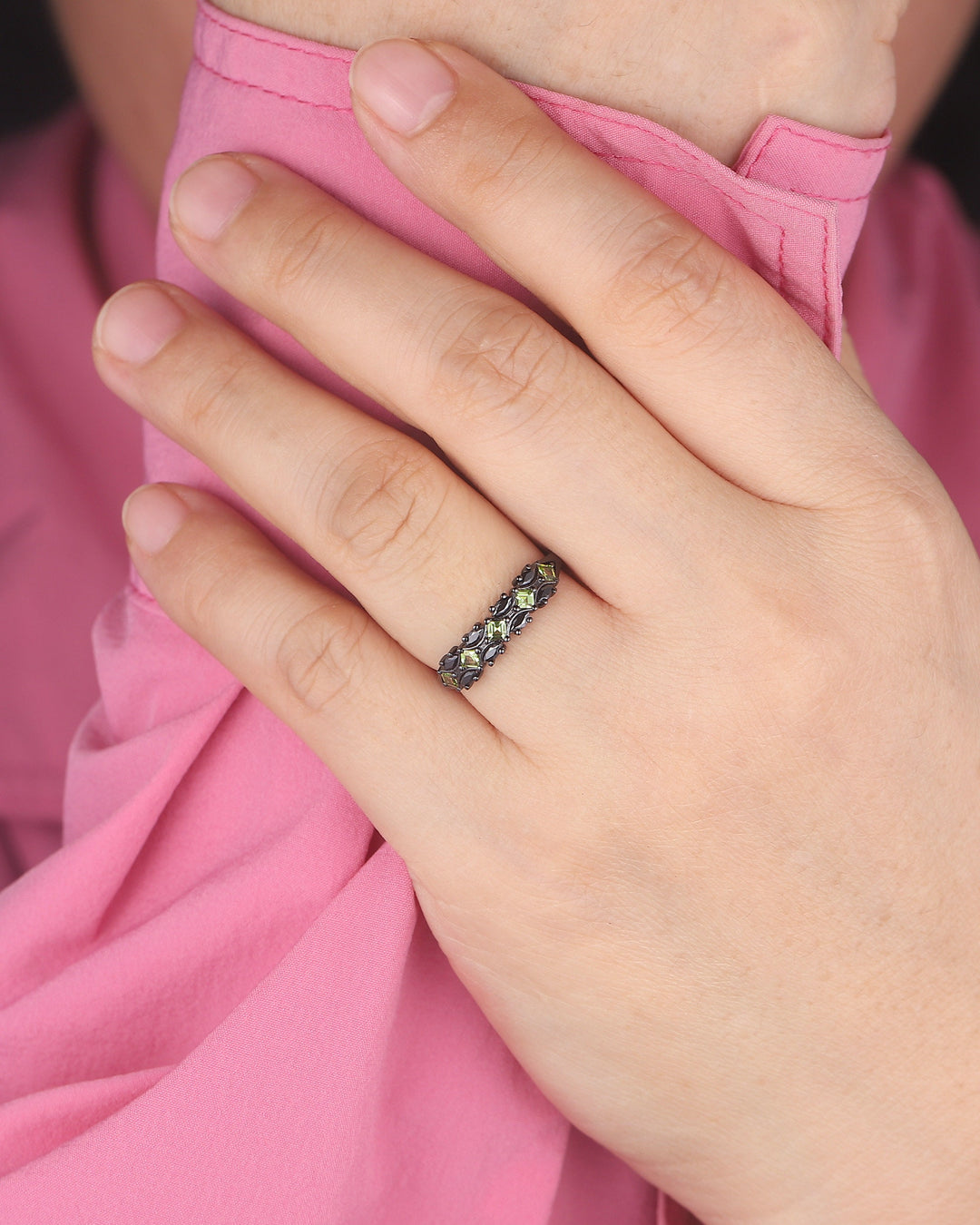Vintage Square Peridot and Marquise Black Moissanite Wedding Band, Black Gold Engagement Ring, Gothic Anniversary Promise Ring Matching Band - ShainJewelry