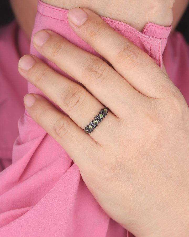 Vintage Square Peridot and Marquise Black Moissanite Wedding Band, Black Gold Engagement Ring, Gothic Anniversary Promise Ring Matching Band - ShainJewelry