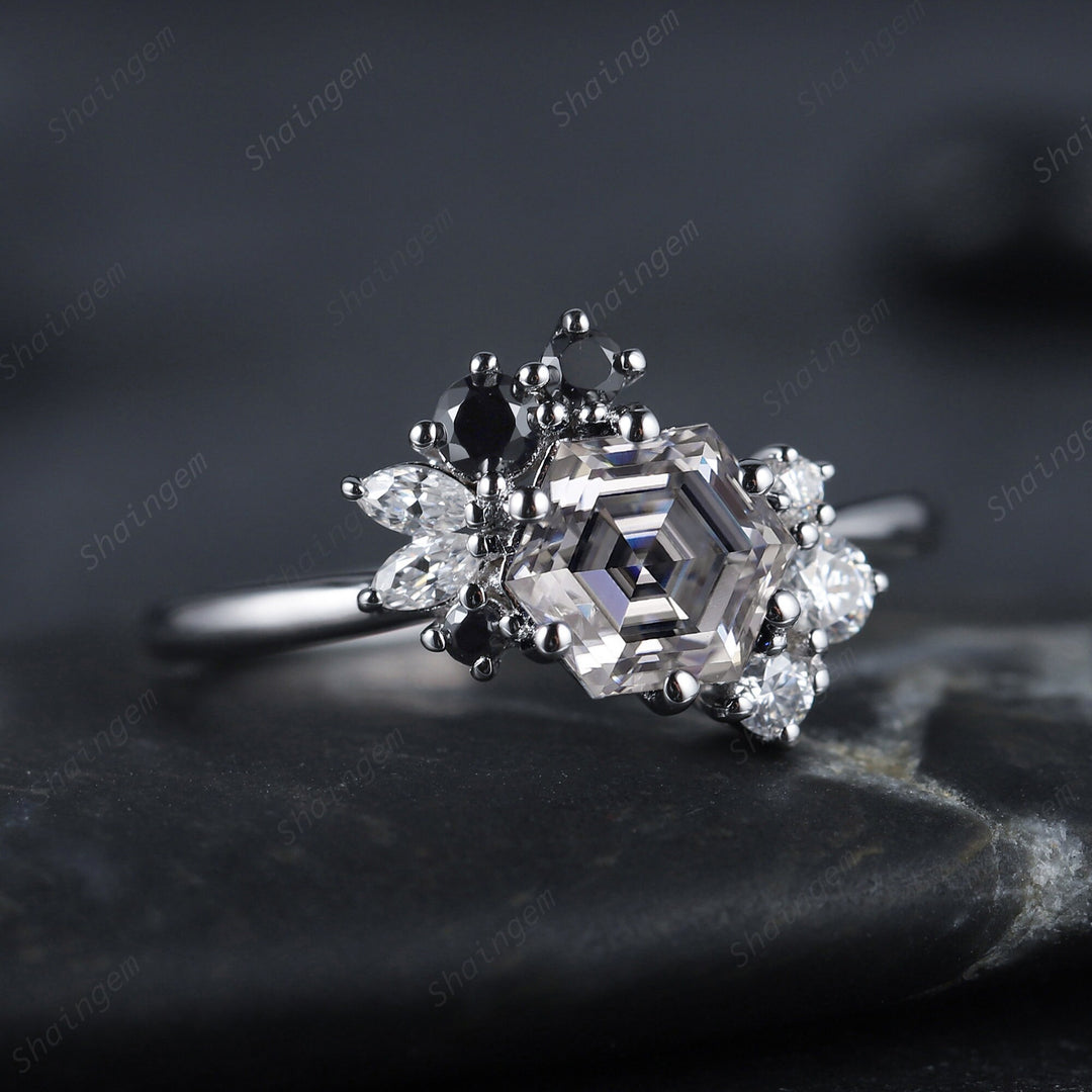 Vintage Hexagon Gray Moissanite Cluster Engagement Ring, 14K Rose Gold Black Moissanite Wedding Promise Ring Anniversary Gift for women - ShainJewelry