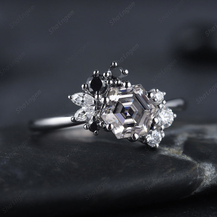 Vintage Hexagon Gray Moissanite Cluster Engagement Ring, 14K Rose Gold Black Moissanite Wedding Promise Ring Anniversary Gift for women - ShainJewelry