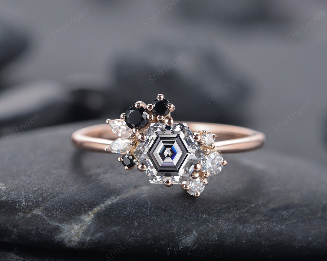 Vintage Hexagon Gray Moissanite Cluster Engagement Ring, 14K Rose Gold Black Moissanite Wedding Promise Ring Anniversary Gift for women - ShainJewelry