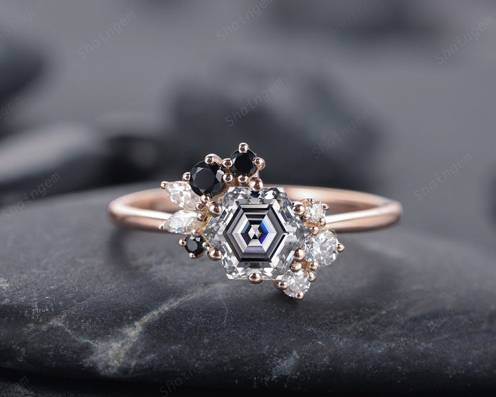 Vintage Hexagon Gray Moissanite Cluster Engagement Ring, 14K Rose Gold Black Moissanite Wedding Promise Ring Anniversary Gift for women - ShainJewelry