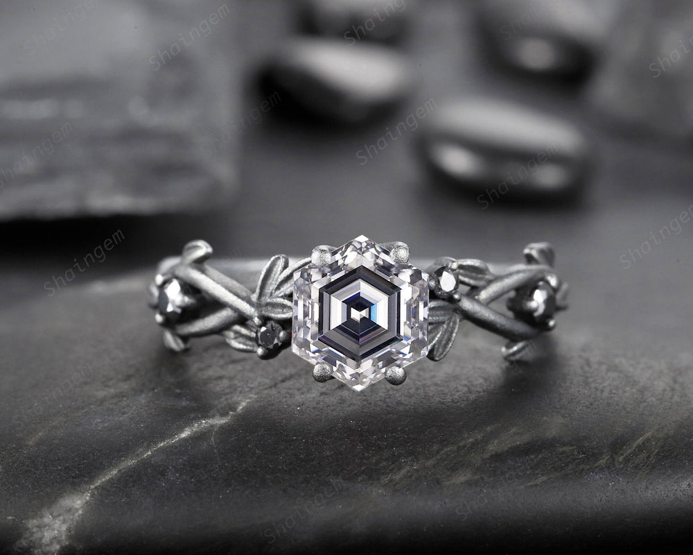 Gothic Black Gold Finish Hexagon Gray Moissanite Engagement Ring, Rhodium Black Leaf Twig Branch Grey Moissanite Promise Anniversary Ring - ShainJewelry