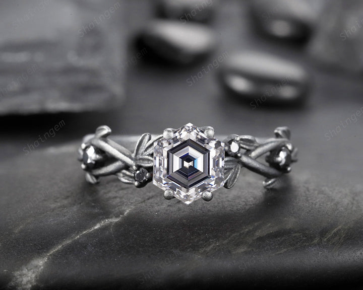 Gothic Black Gold Finish Hexagon Gray Moissanite Engagement Ring, Rhodium Black Leaf Twig Branch Grey Moissanite Promise Anniversary Ring - ShainJewelry