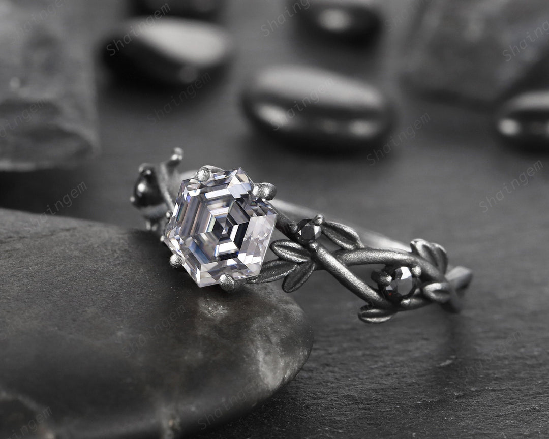 Gothic Black Gold Finish Hexagon Gray Moissanite Engagement Ring, Rhodium Black Leaf Twig Branch Grey Moissanite Promise Anniversary Ring - ShainJewelry