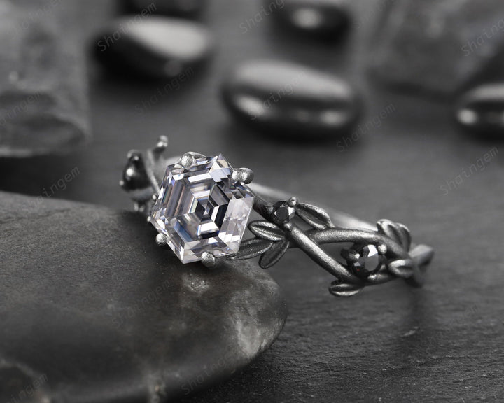 Gothic Black Gold Finish Hexagon Gray Moissanite Engagement Ring, Rhodium Black Leaf Twig Branch Grey Moissanite Promise Anniversary Ring - ShainJewelry