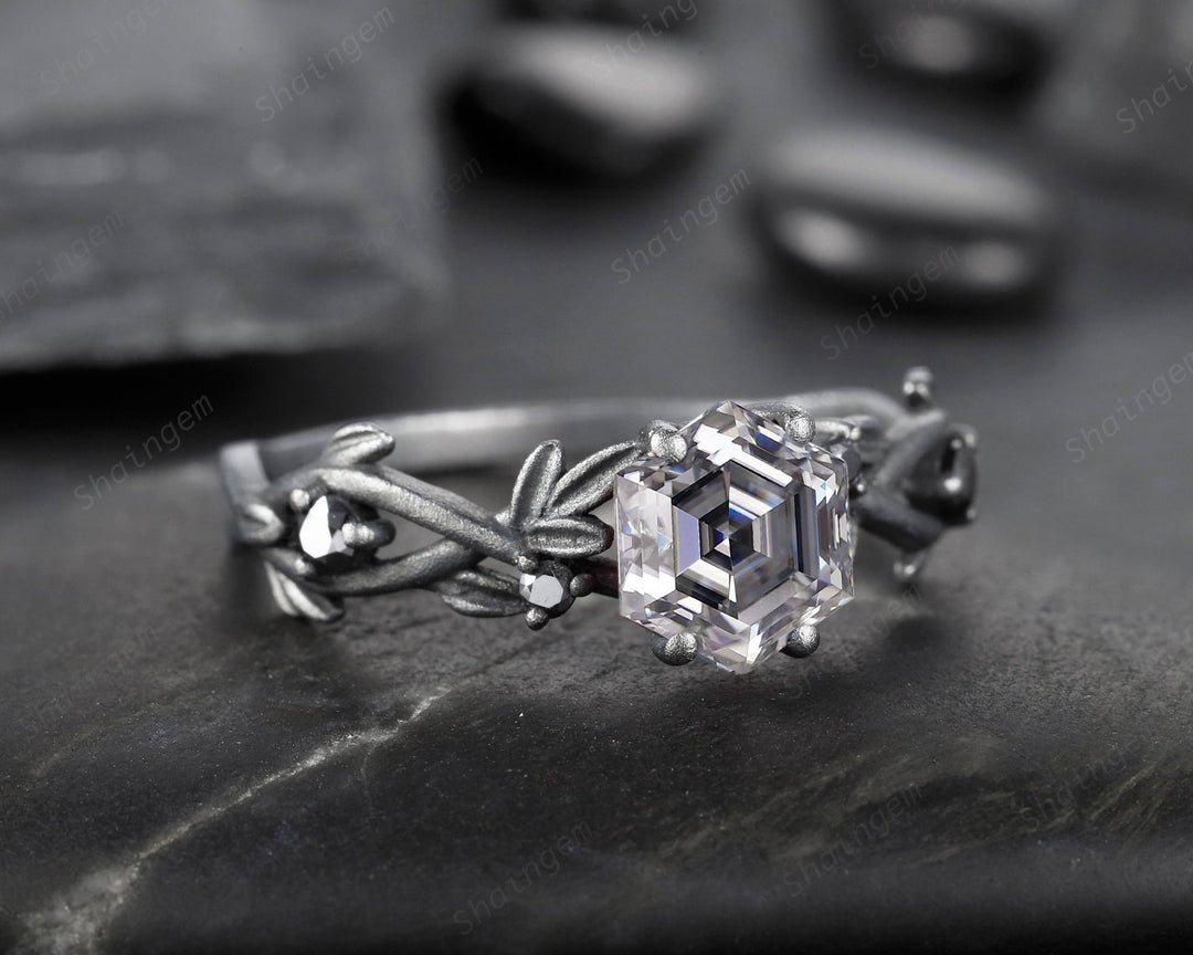 Gothic Black Gold Finish Hexagon Gray Moissanite Engagement Ring, Rhodium Black Leaf Twig Branch Grey Moissanite Promise Anniversary Ring - ShainJewelry